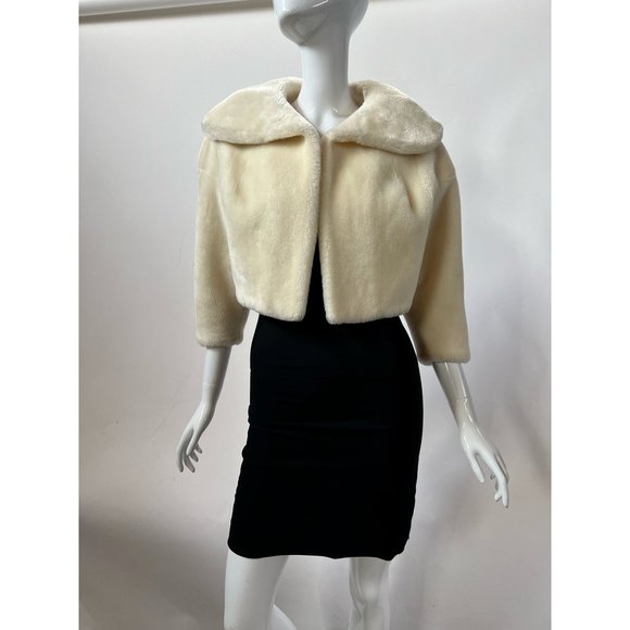 Vintage Neiman Marcus Womens Open Front Jacket Ivory Borgana Faux Fur Collar M - Picture 7 of 12